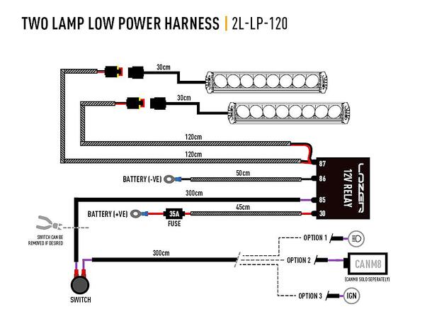 Lazer kabelsett til 2x lamper 2-pin Superseal rele & bryter