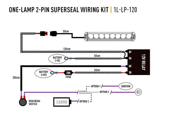 Lazer kabelsett til 1x lampe 2-pin Superseal rele & bryter