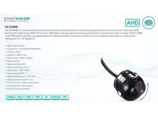 Sonovision SV-CAM8 Universalt ryggekamera - Innfellbart 