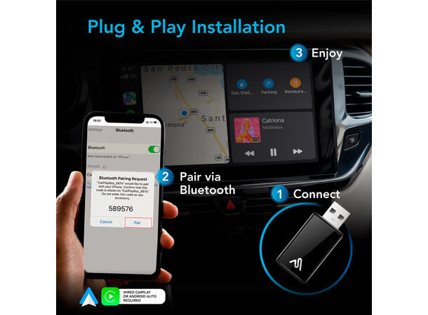AutoSky WUA-8, Trådløst adapter Trådløs CarPlay & Android Auto Adapter 