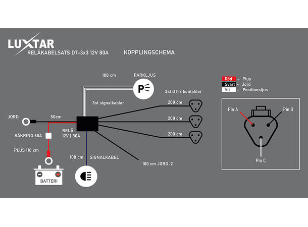 Kabelsett for ekstralys 3 x DT For 3 lamper, 12 volt, 3-polet 