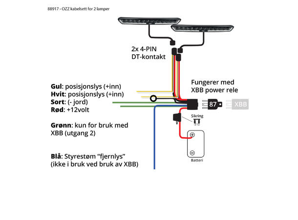 OZZ kabelsett for 2 lamper 2x 4pin DT 80A rele sikringsholder 