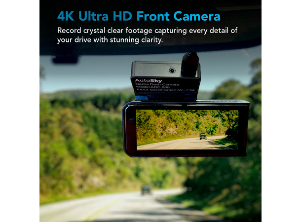 AutoSky ADC-888 dashcam (Front og bak) 4K, WiFi, Appstyring, dual cam 