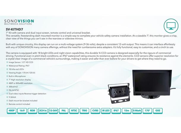 Sonovision SV-KITHD7 Ryggekamera pakke med 7" skjerm, 