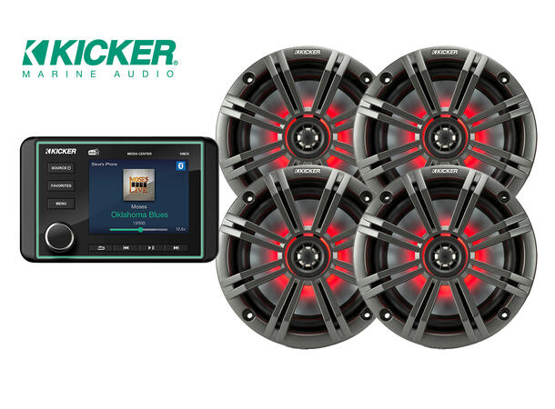 Kicker båtstereo pakke m/DAB+ og 4 høytt KMC6 mediasenter med 4stk KM654L 