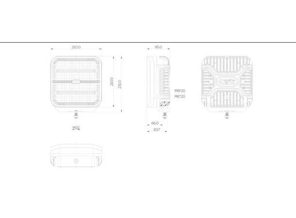 OZZ SQR 9" fjernlys 210mm (Sort hus) med park- og varsellys, 21000 lumen 