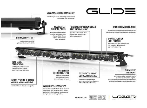 Lazer GLIDE 18 Elite - LED bjelke 516mm,fjernlys m/hvitt parklys 