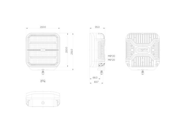 OZZ SQR 9" fjernlys 210mm (Hvit  hus) med park- og varsellys, 21000 lumen 